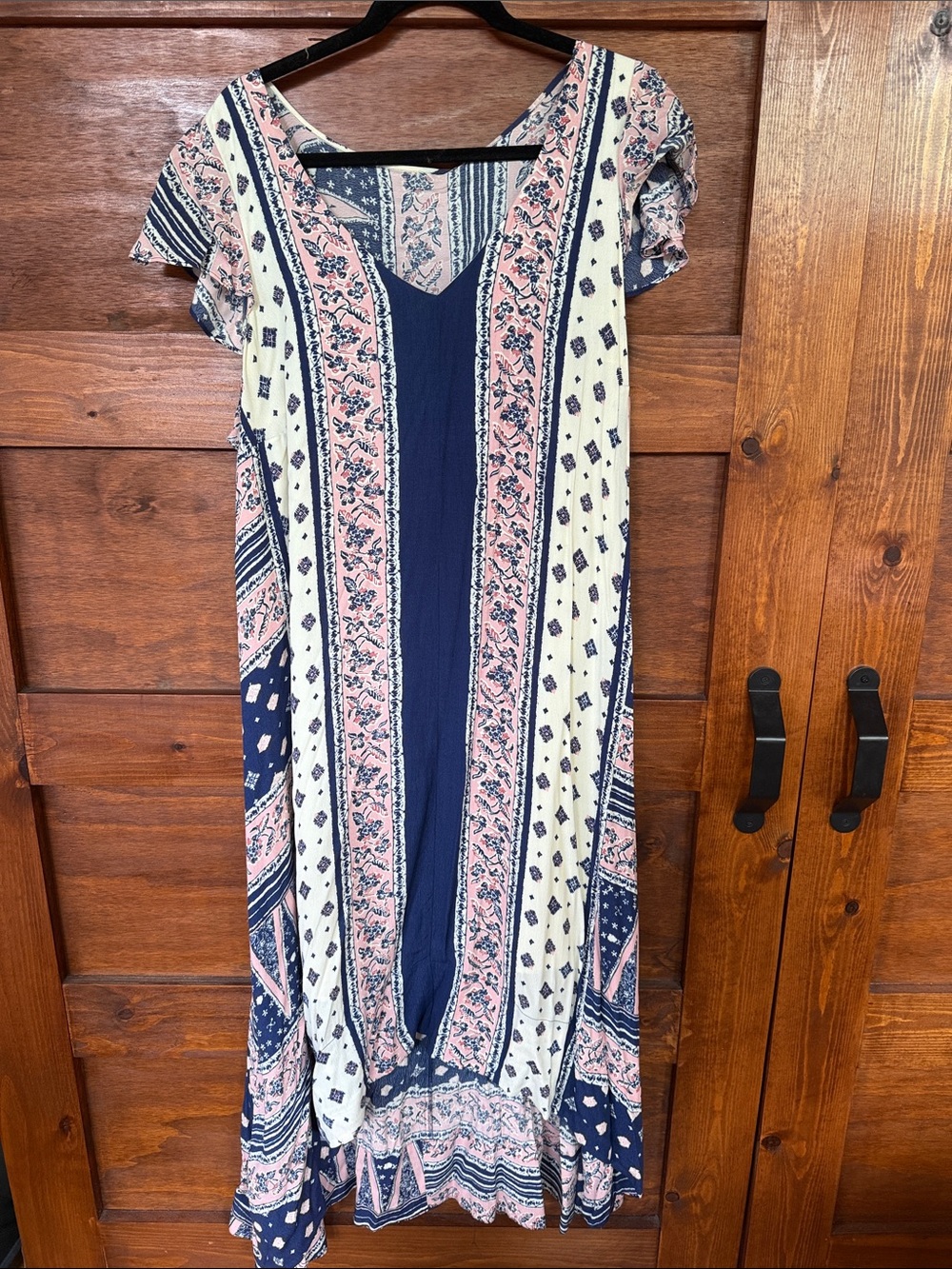 Maeve Navy and Pink Printed V-Neck Maxi Dress